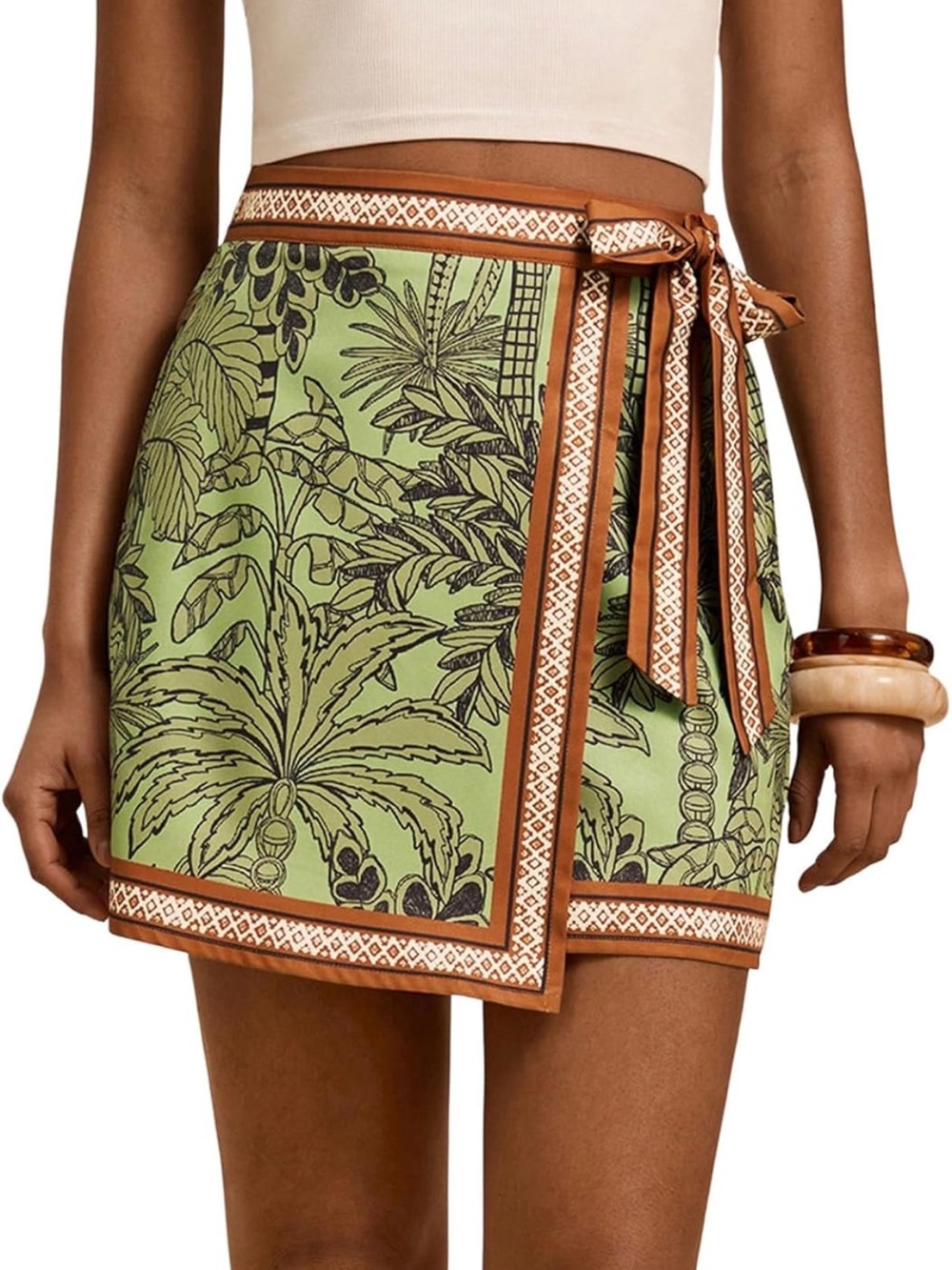 Amazon Green Tropical-Print Mini Wrap Skirt with Tan Trim